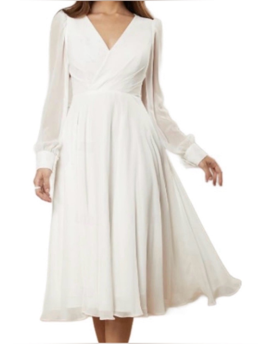 White Chiffon long-sleeve tea-length A-line dress with a V-neck. NWT